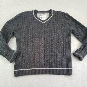 Vintage Y2K Gap Sweater Mens Medium Gray Cable Knit V Neck Speckled Ribbed Trim